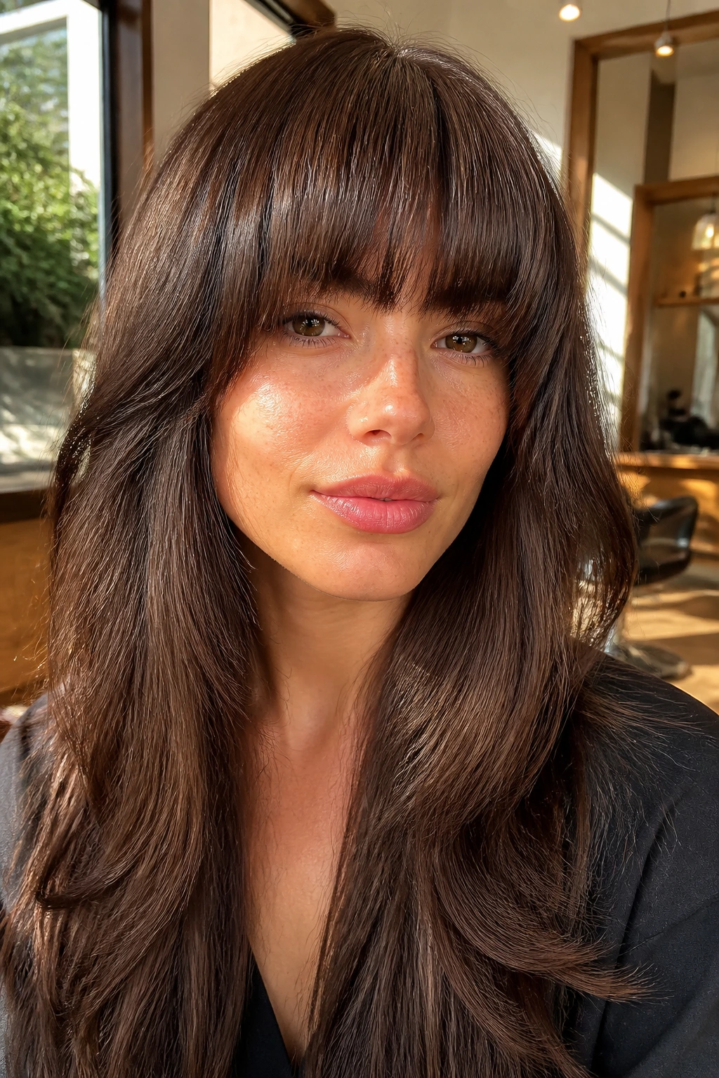 Close-up of a real woman with brow-grazing fringe that is full yet soft around the edges