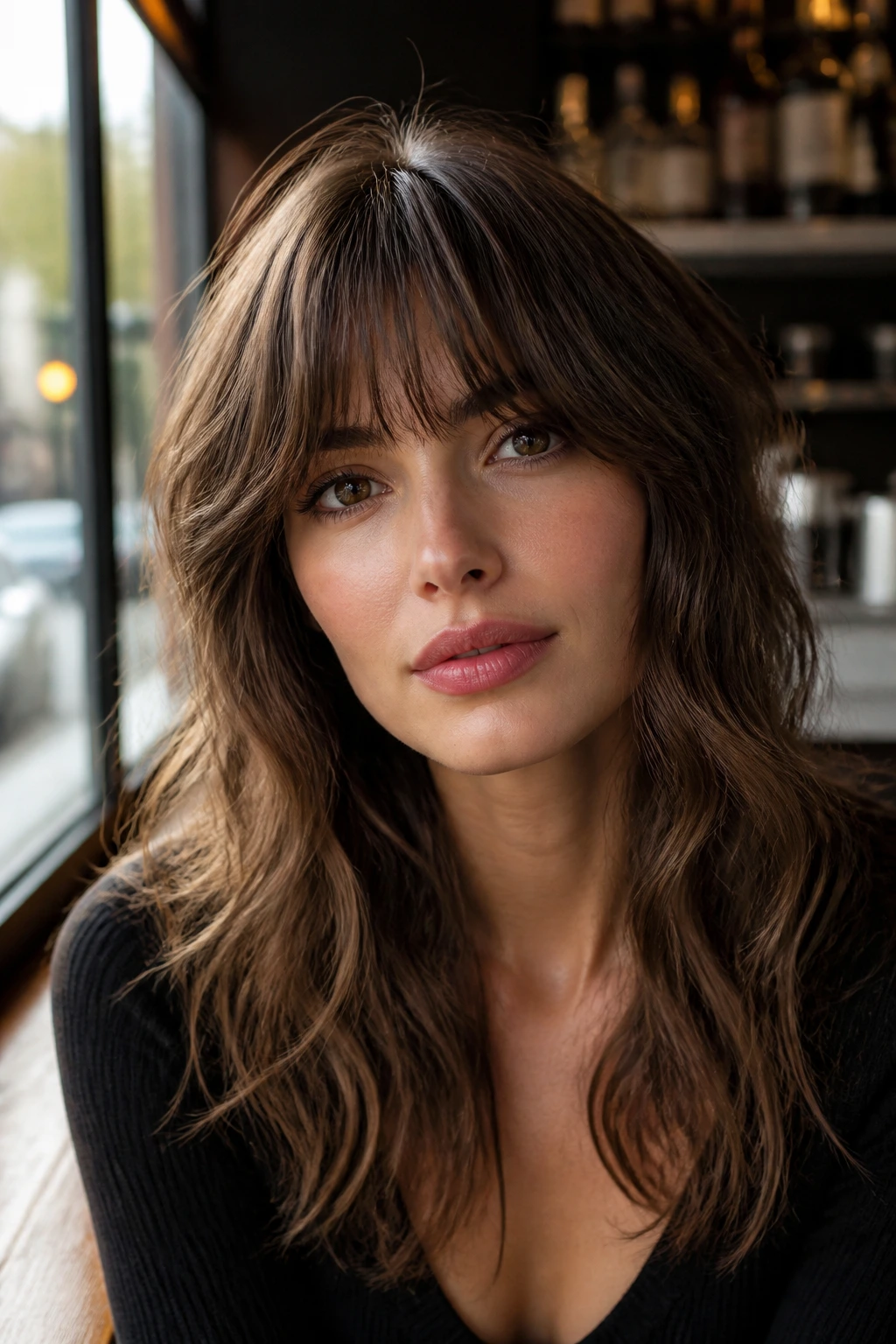 Portrait of woman with brow-grazing French fringe and airy waves
