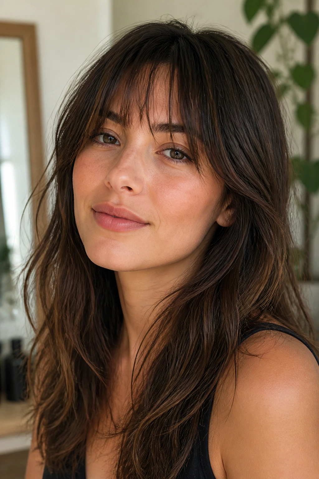 Close-up of a woman with brow-grazing piecey bangs around the brows.