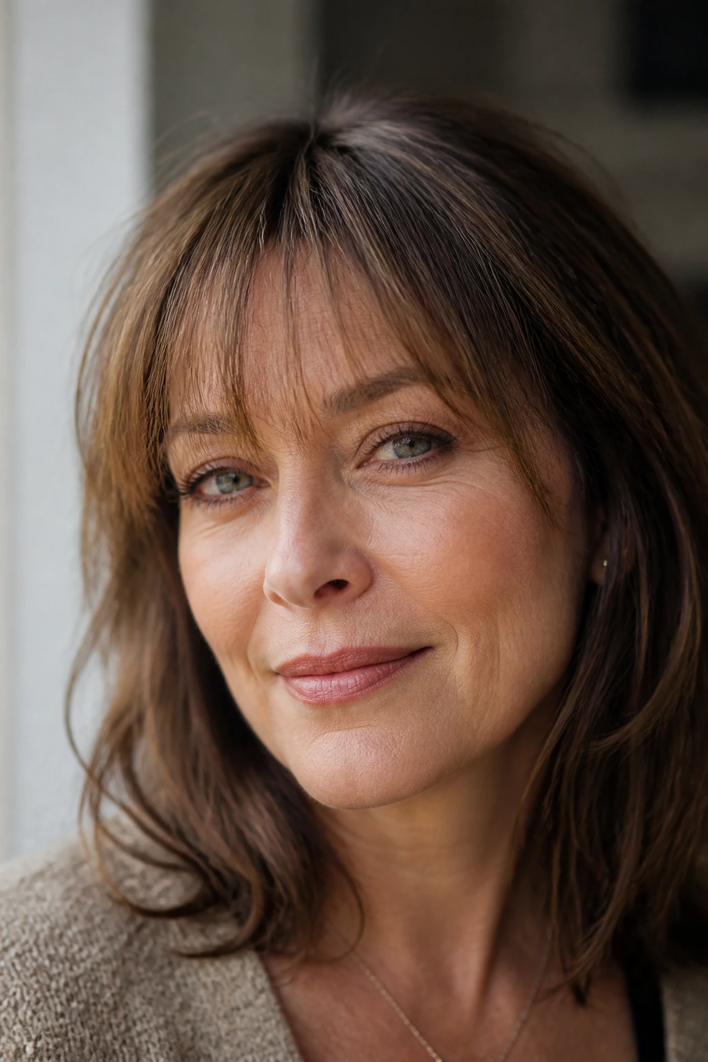 Close-up of a real woman with brow-grazing wispy fringe