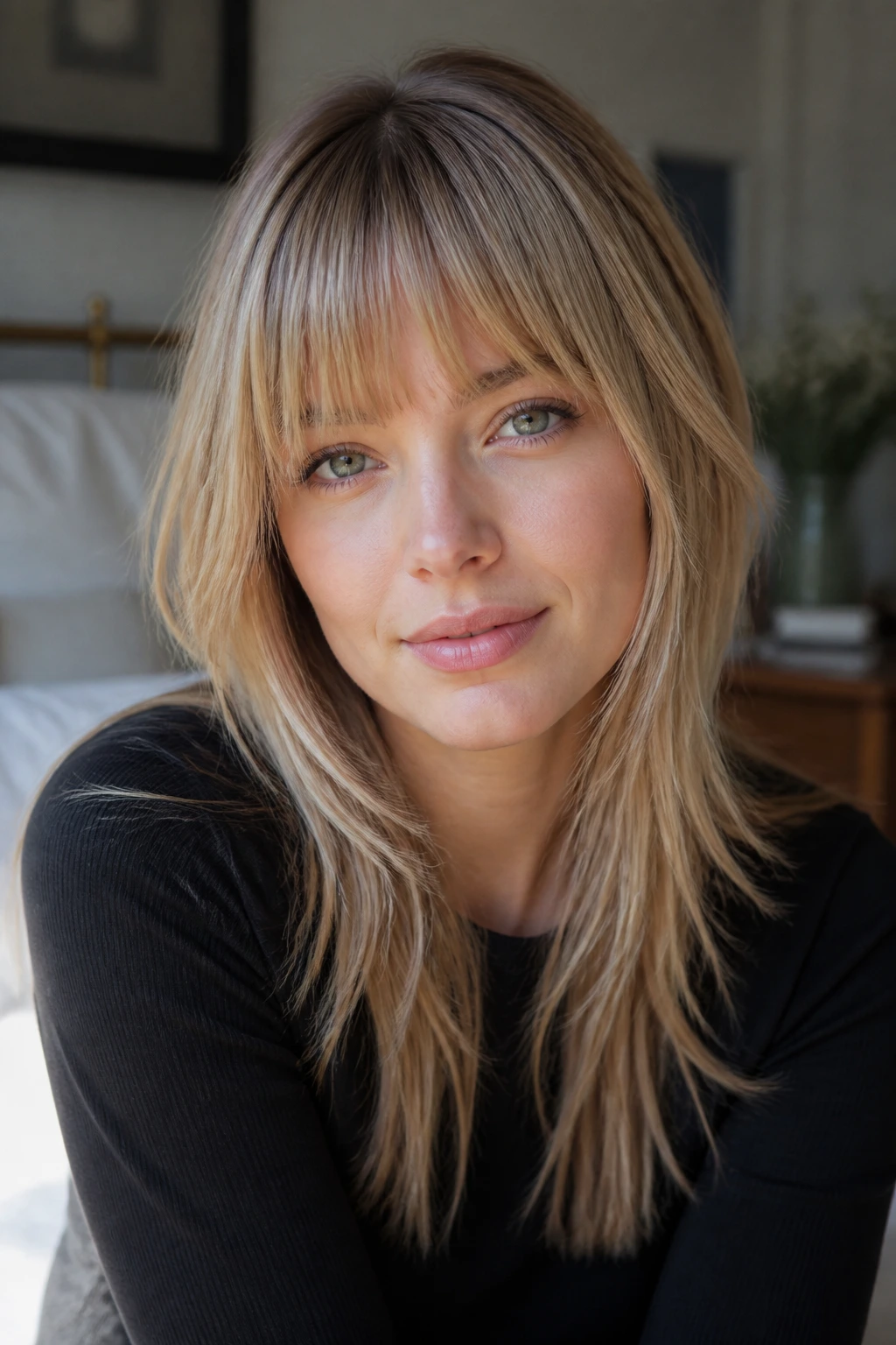 Close-up of a real person with brow-skimming bangs and tapered sides in warm natural light.