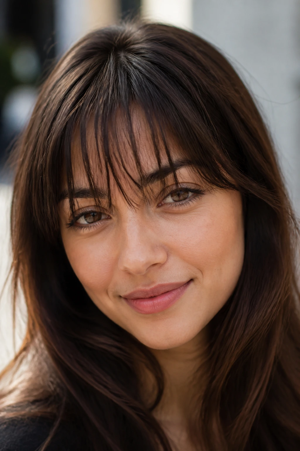 Portrait of a real woman with brow-skimming piecey bangs