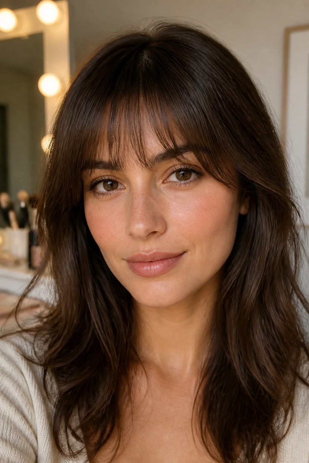 Close-up of a person with brow-skimming bottleneck bangs just above the brows