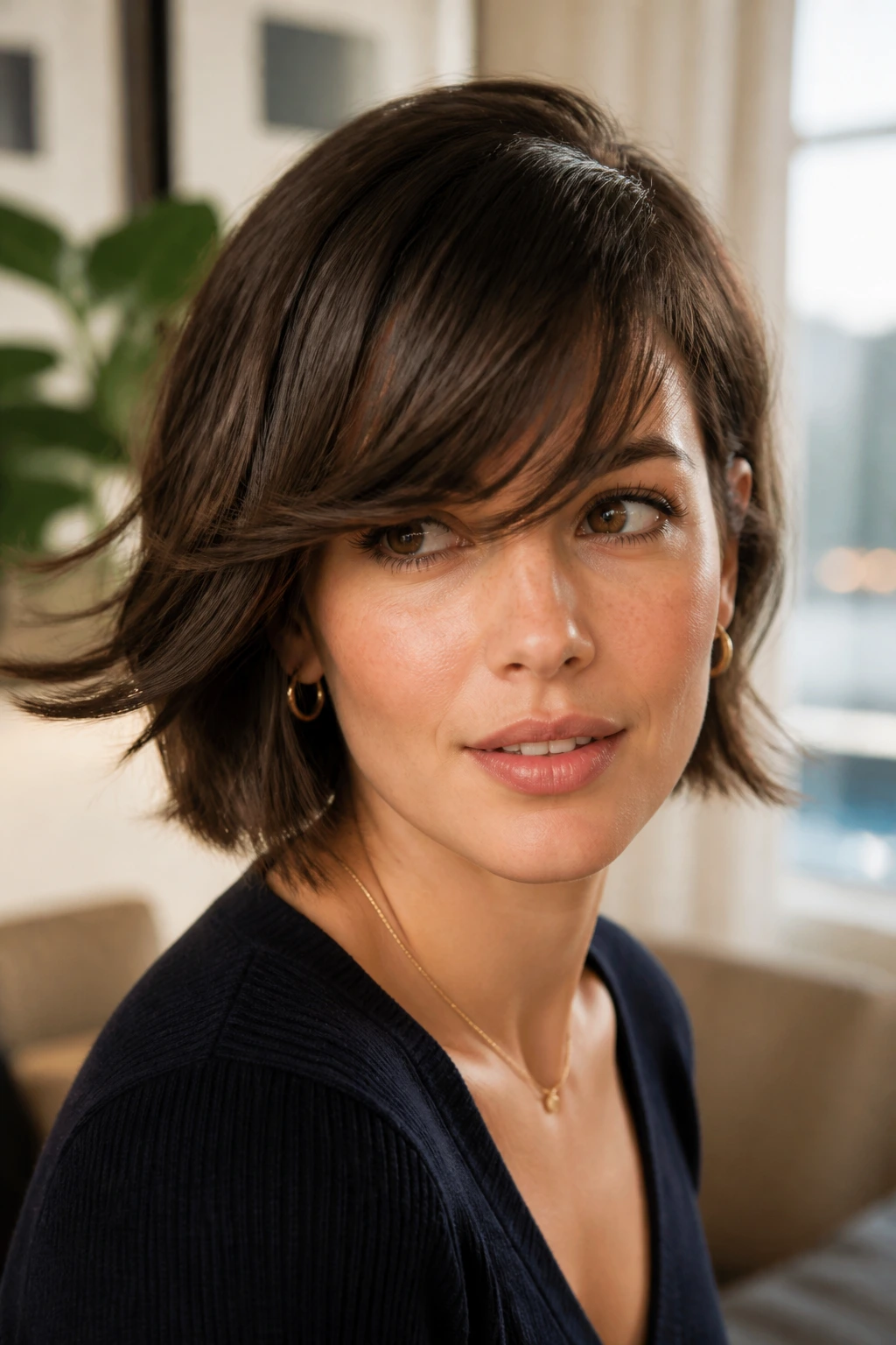 Close-up of brow-skimming side swept bangs on a real person