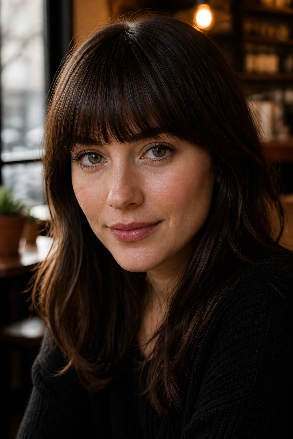Close-up portrait of a real woman with brow-skimming blunt bangs