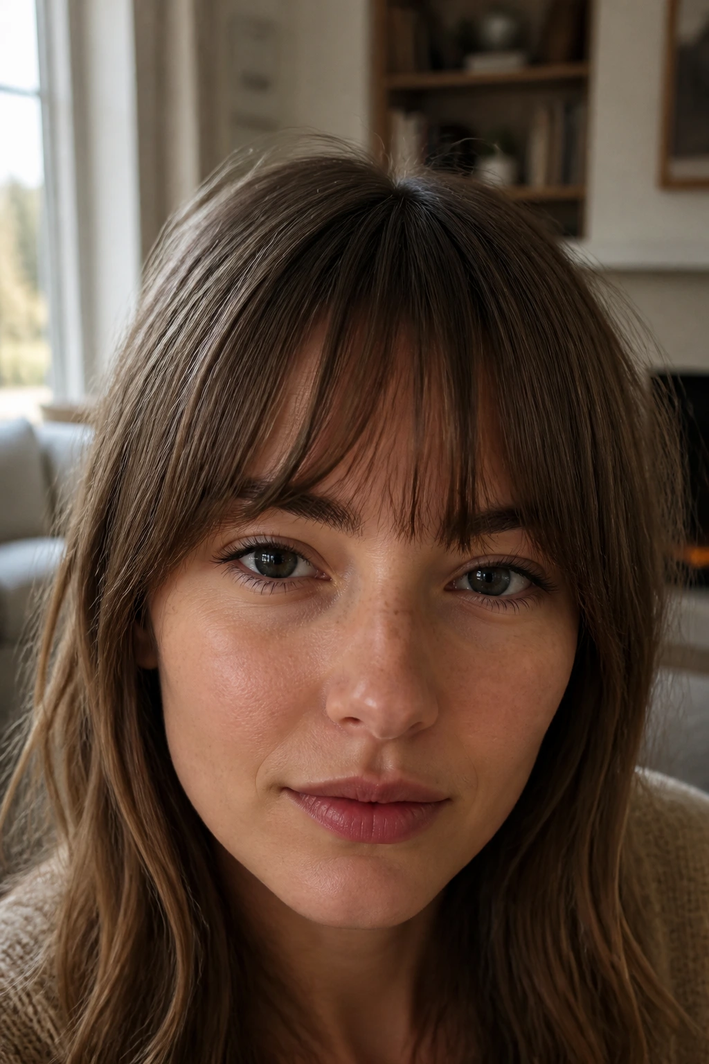 Close-up of brow-skimming bottleneck bangs above the brows