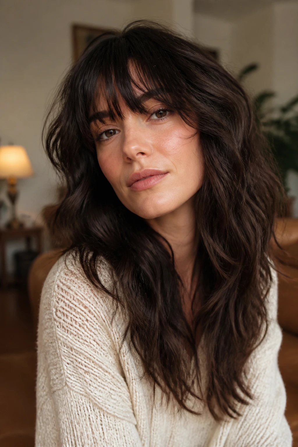 Close-up of a real woman with brow-skimming choppy bangs on thick wave hair in a warm living room