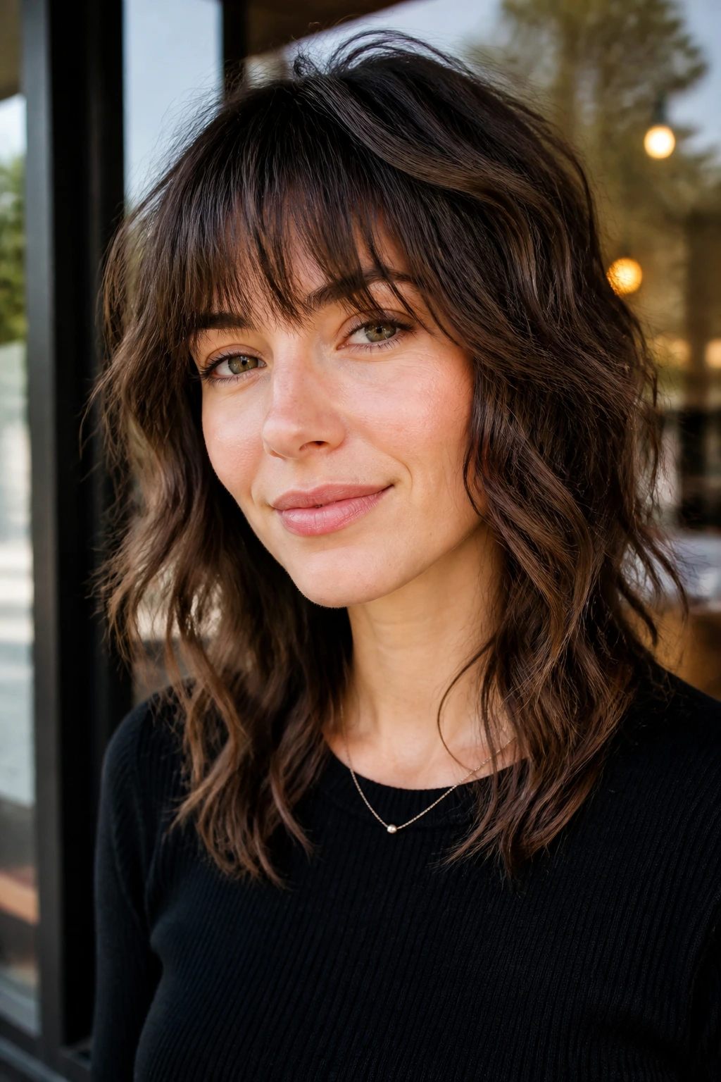 Portrait of a woman with brow-skimming fringe on a wavy shag outdoors