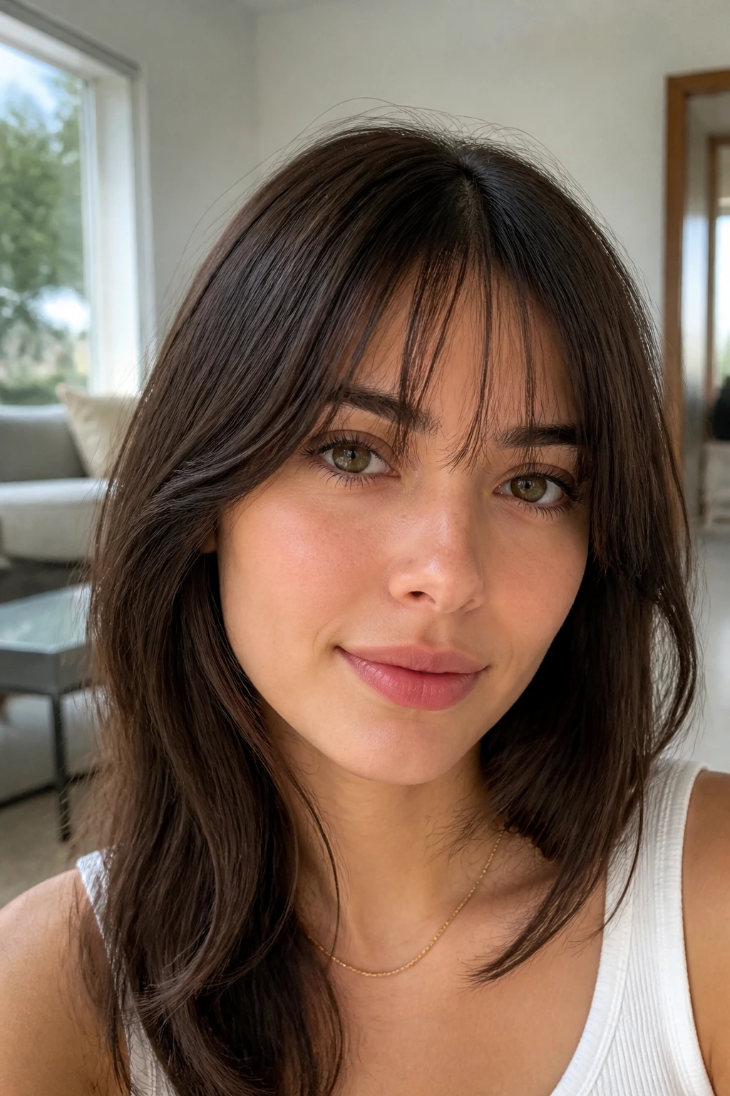 Real woman with brow-skimming wisps fringe barely touching the brows.