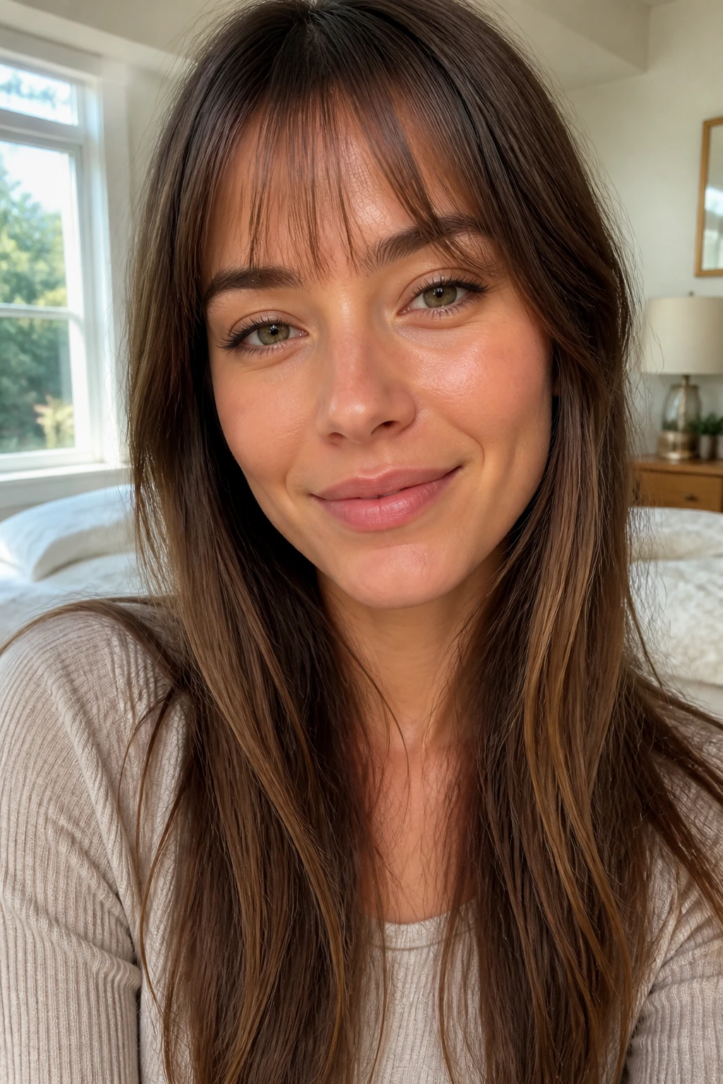 Close-up of a real woman with ultra-fine brow-skimming fringe.