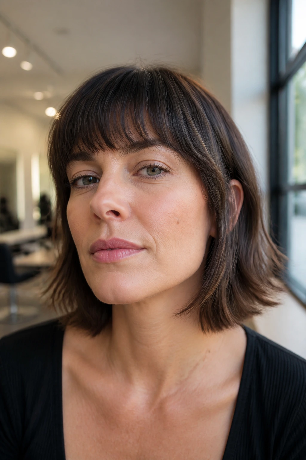 Close-up of a real person with browbone fringe framing the eyes