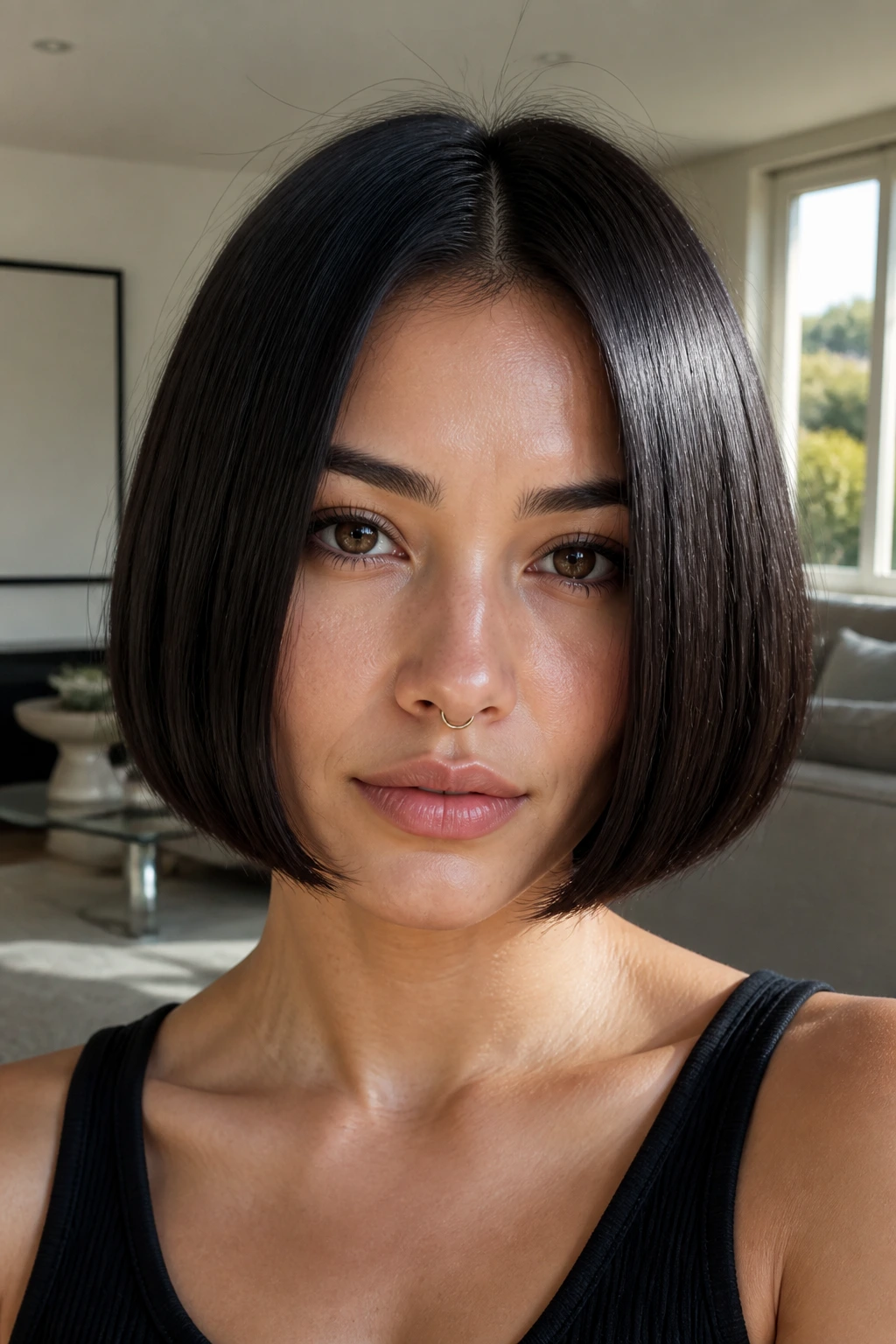 Close-up portrait of a real person with brown-black glass hair in a bright contemporary room