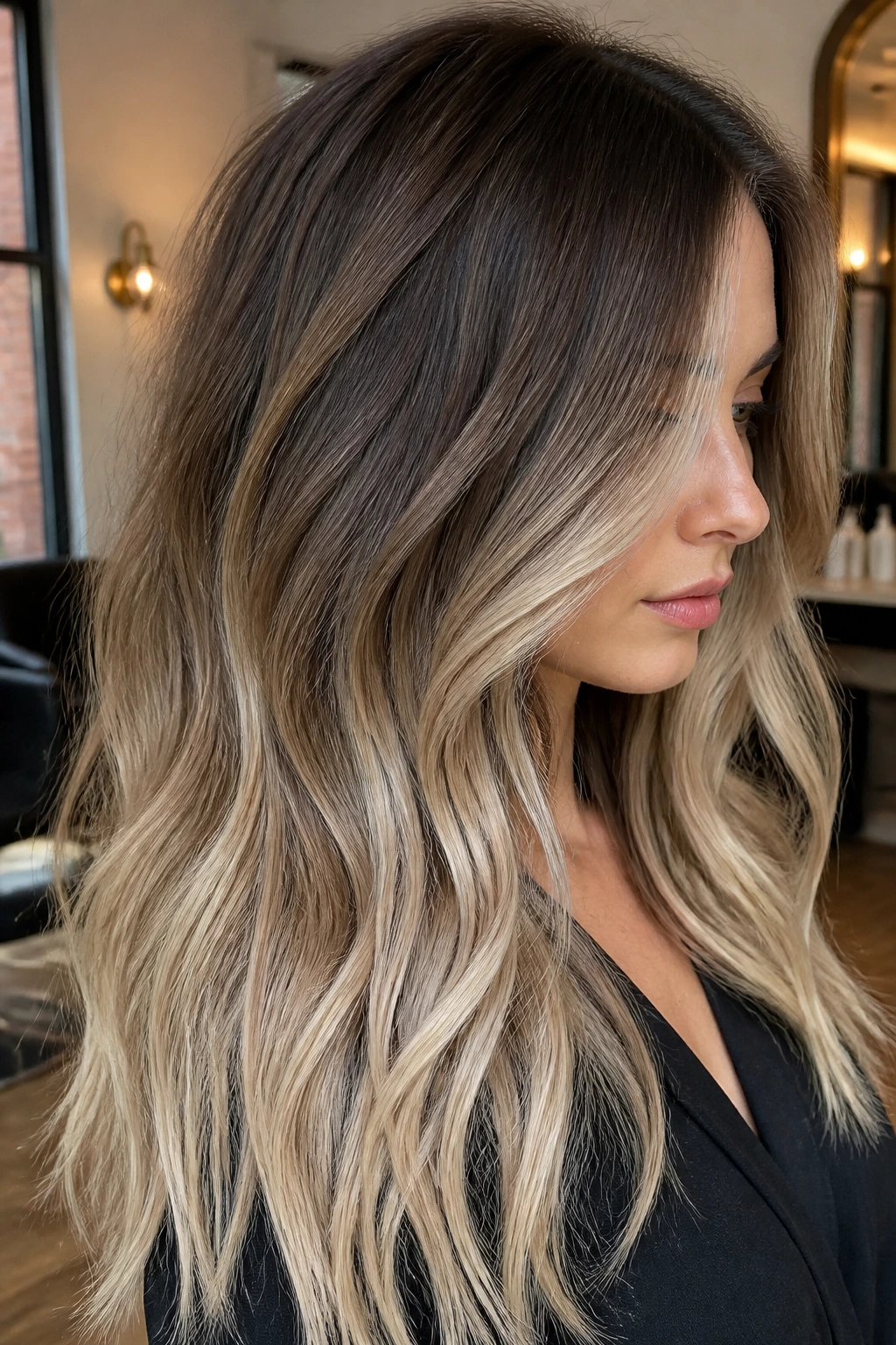 Close-up of a real woman's hair showing a seamless brown-to-blonde melt from roots to ends.
