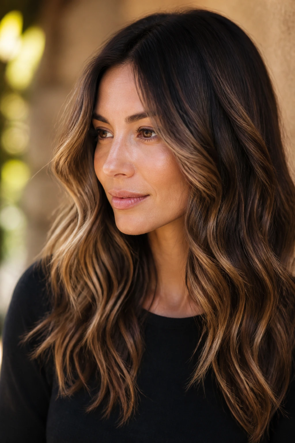 Real brunette showcasing honeyed babylights through mids and ends with softer root shadow