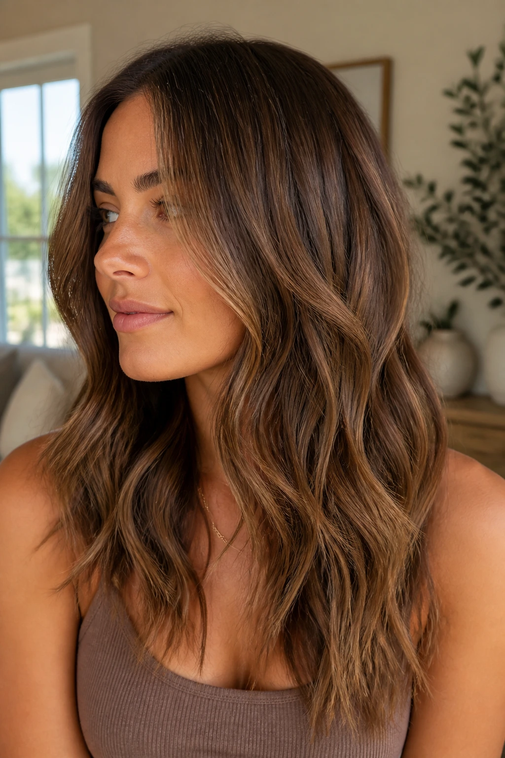 Brunette with balanced lift showing beige and caramel tones under soft light.