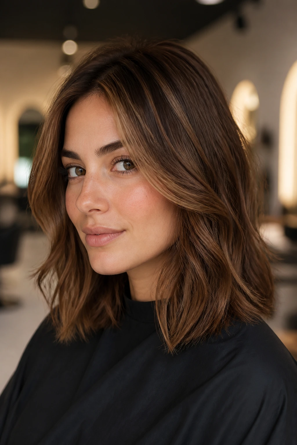 Brunette close-up showing healthy ends and color fade control