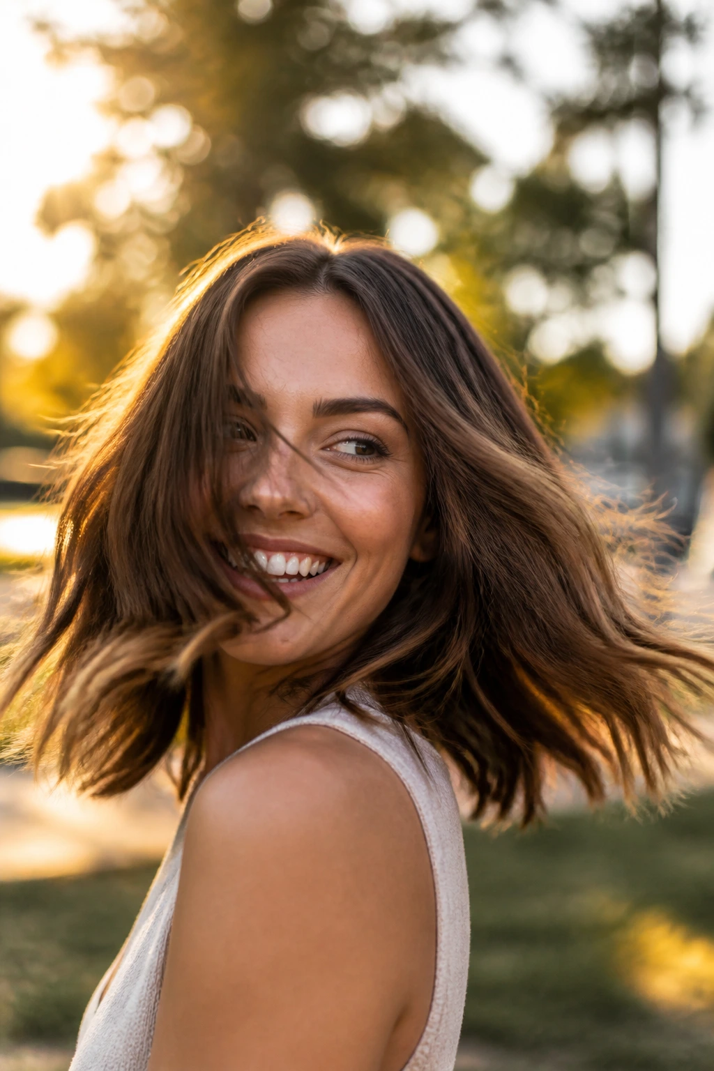 Brunette hair in motion during golden hour outdoors