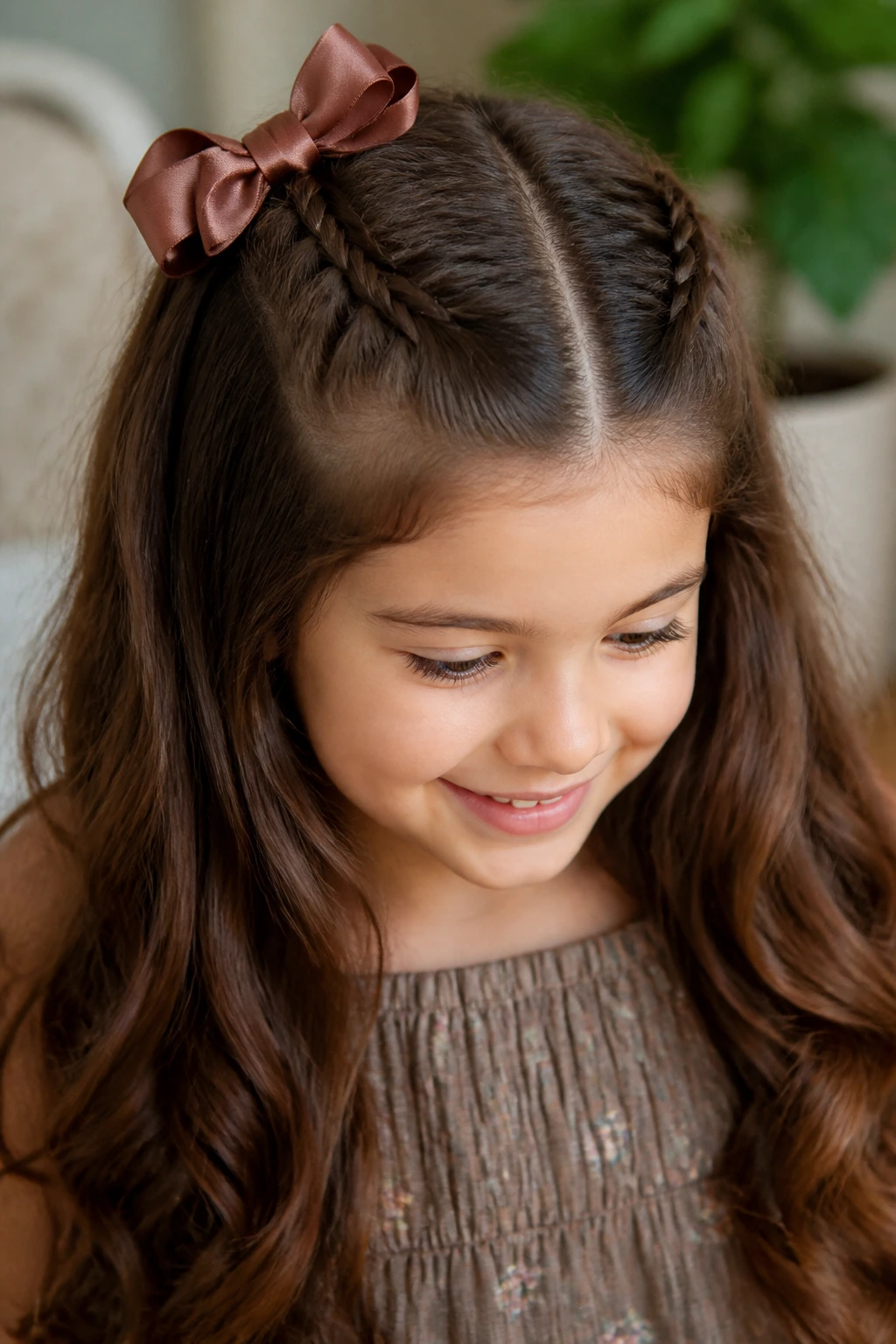 Close-up of a child with brown hair showing a crisp center part and a satin bow