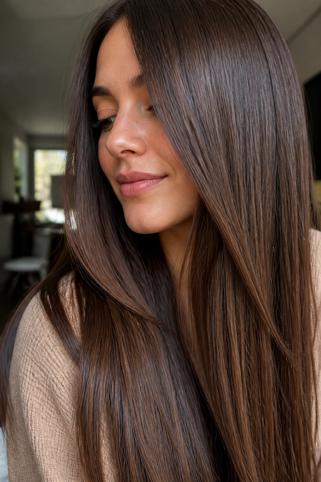 Close-up portrait of a real woman with straight, glossy brown hair