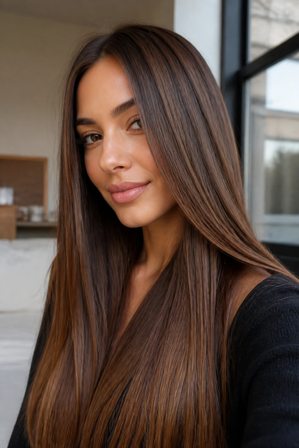 Portrait of a person with straight glossy brown hair under natural daylight