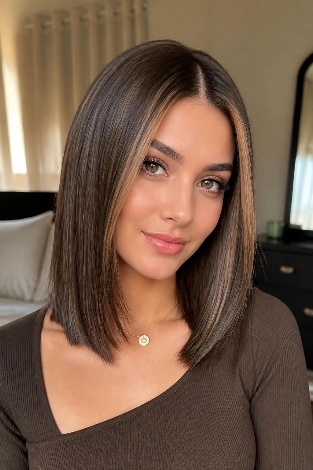 Close-up of real woman with straight brown hair showing center part and ribbon highlights