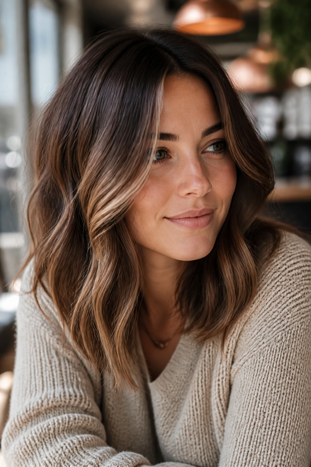 Brunette with subtle color variations and face-framing pieces