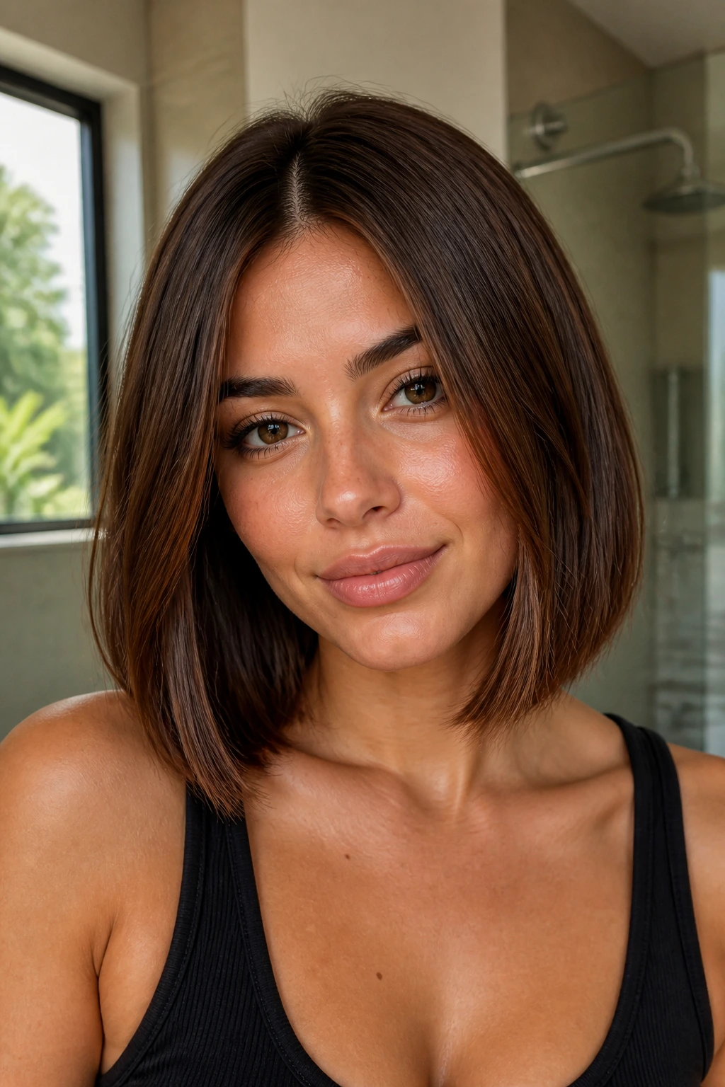 Close-up of a real woman with a chestnut blunt lob and center part, glossy straight ends