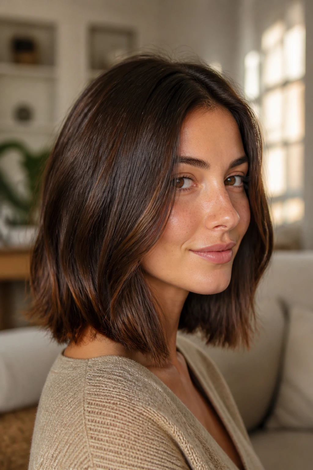 Close-up of a real woman with a brown lob haircut featuring a glossy, dimensional brunette lob