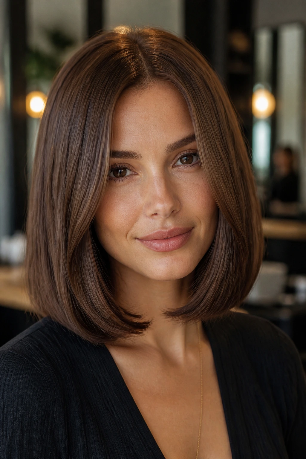 Real person with a structured brown lob showing depth and shine.