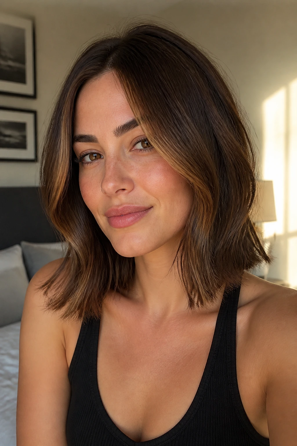 Close-up portrait of a woman with brown lob showing glossy chestnut base and caramel face-framing highlights.