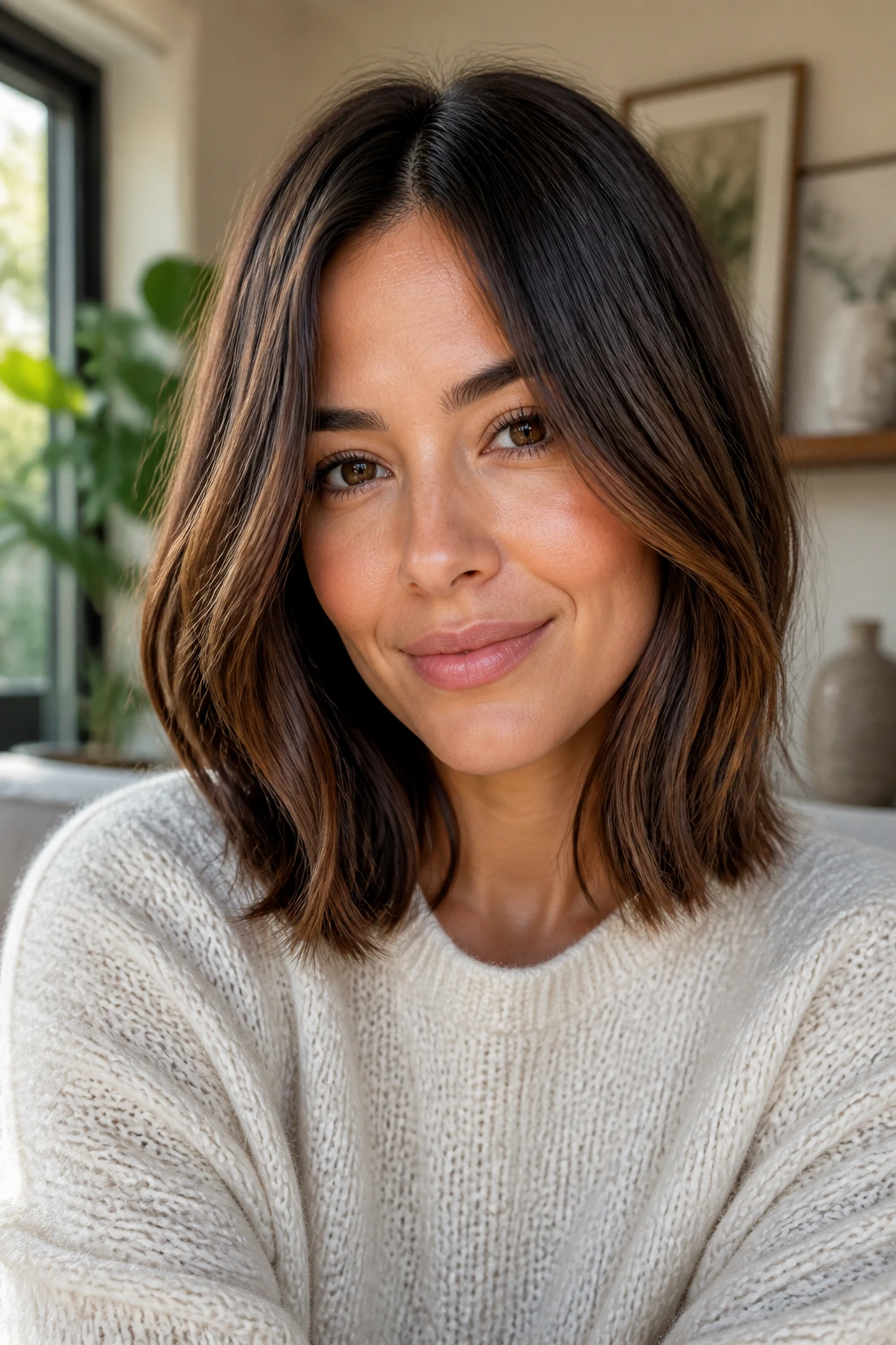 Close-up of a real woman with deep-toned brown lob showing color depth and highlights