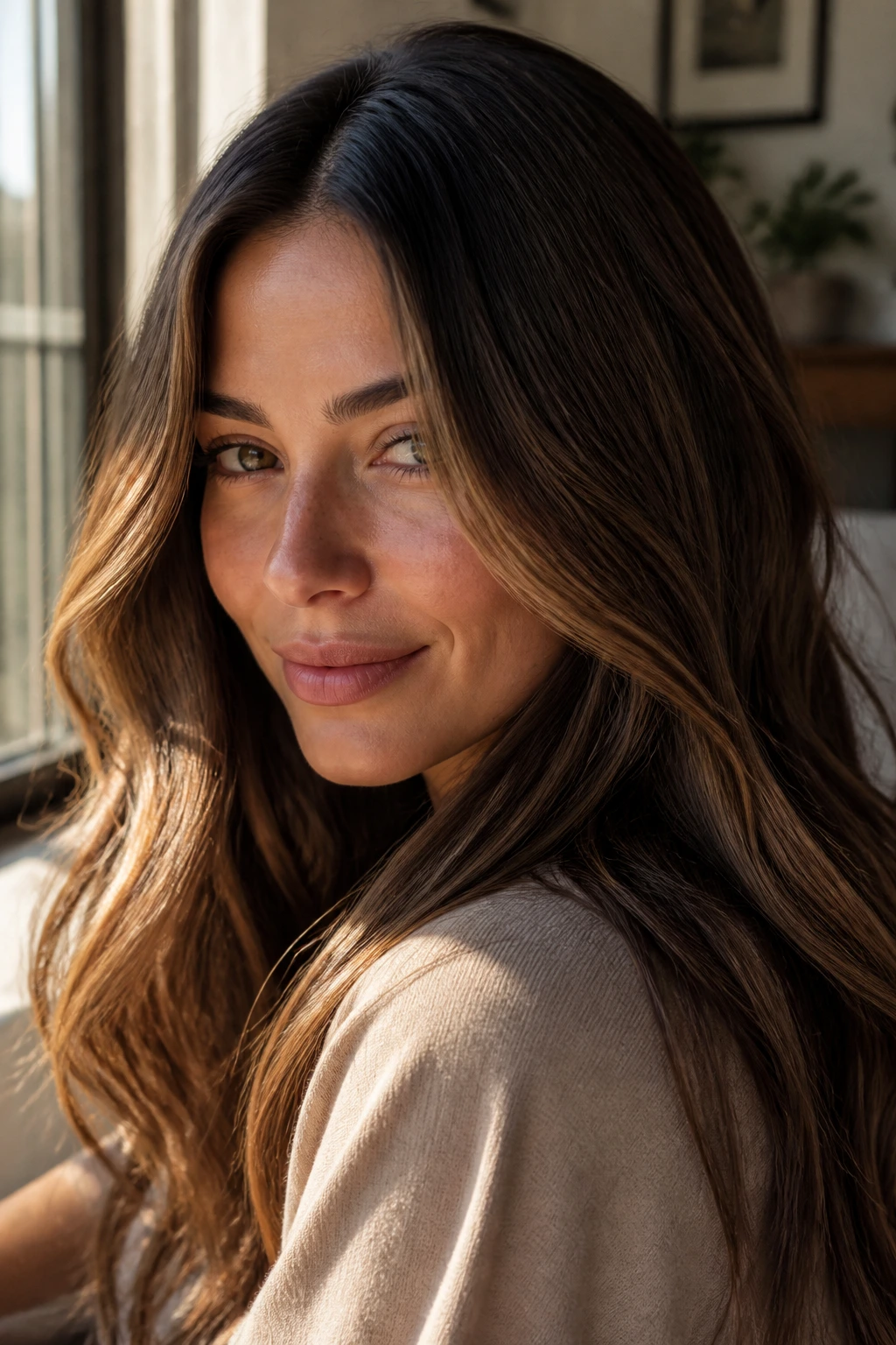 Close-up portrait of brunette with brown shades showing root depth and face-framing highlights in warm window light