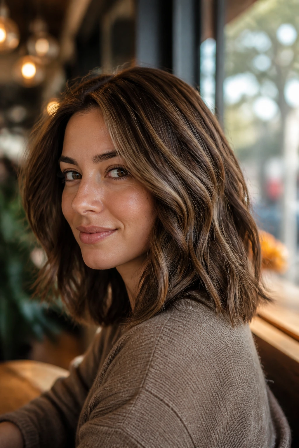 Portrait of a real woman with brown hair featuring numerous soft brown sugar highlights in warm cafe window light