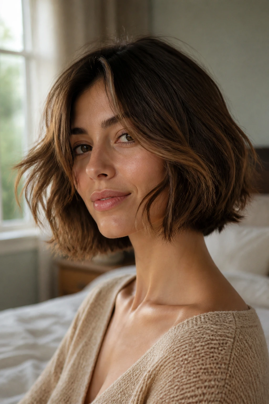 Close-up of a real woman with a brown textured bob in warm natural light
