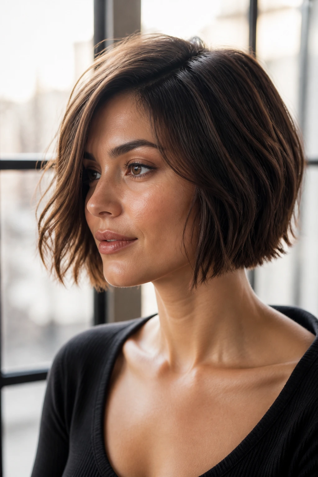 Portrait of a woman with a brown textured bob showing the cut's shape.