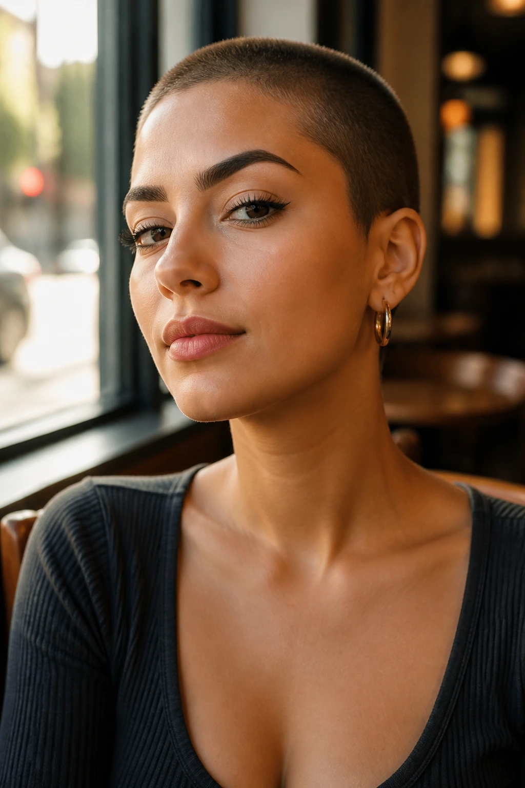 Real woman with defined brows earrings and neckline framing buzz cut