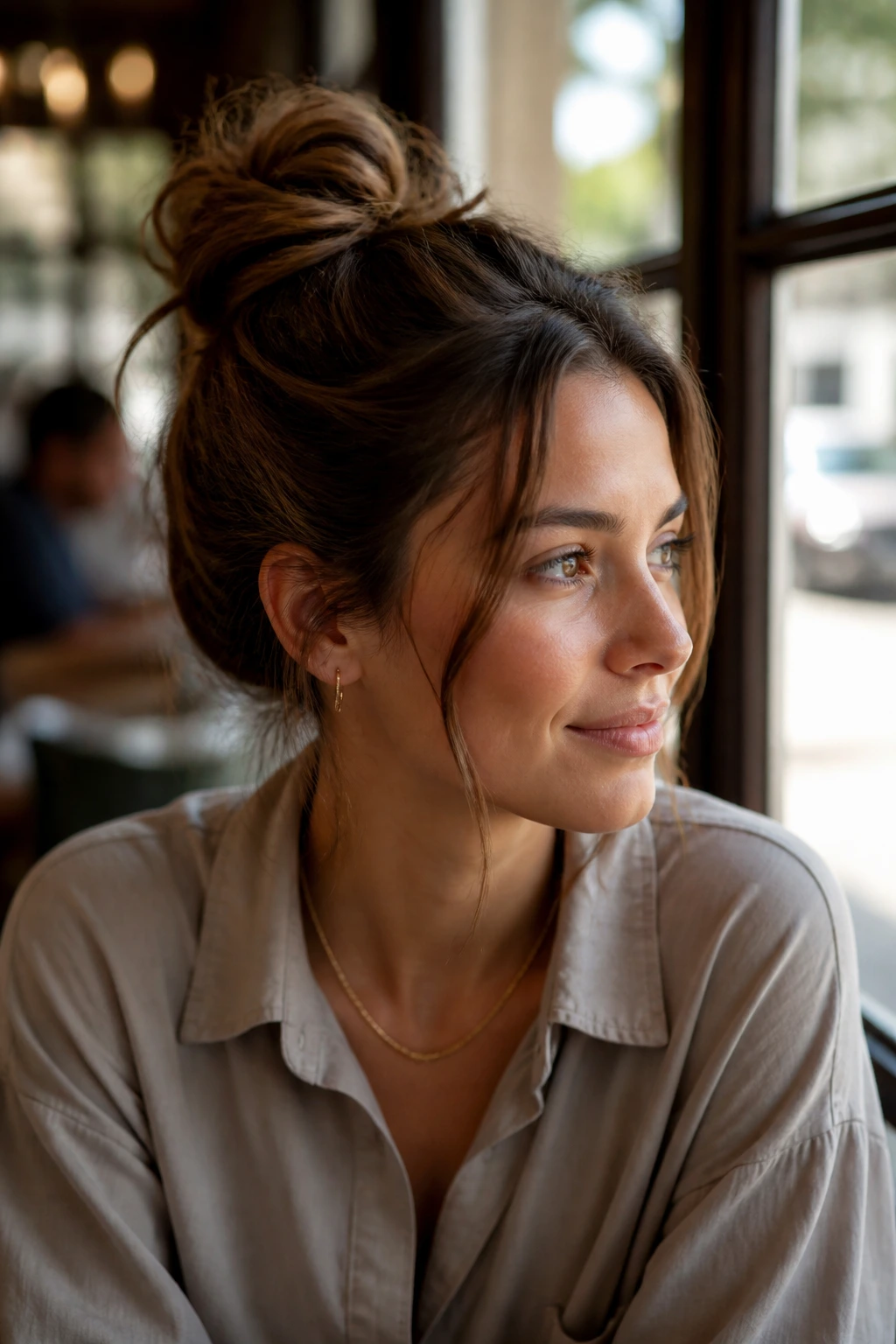 Brunch bun with tendrils on a real woman in a cafe setting; loose bun with tendrils at temples