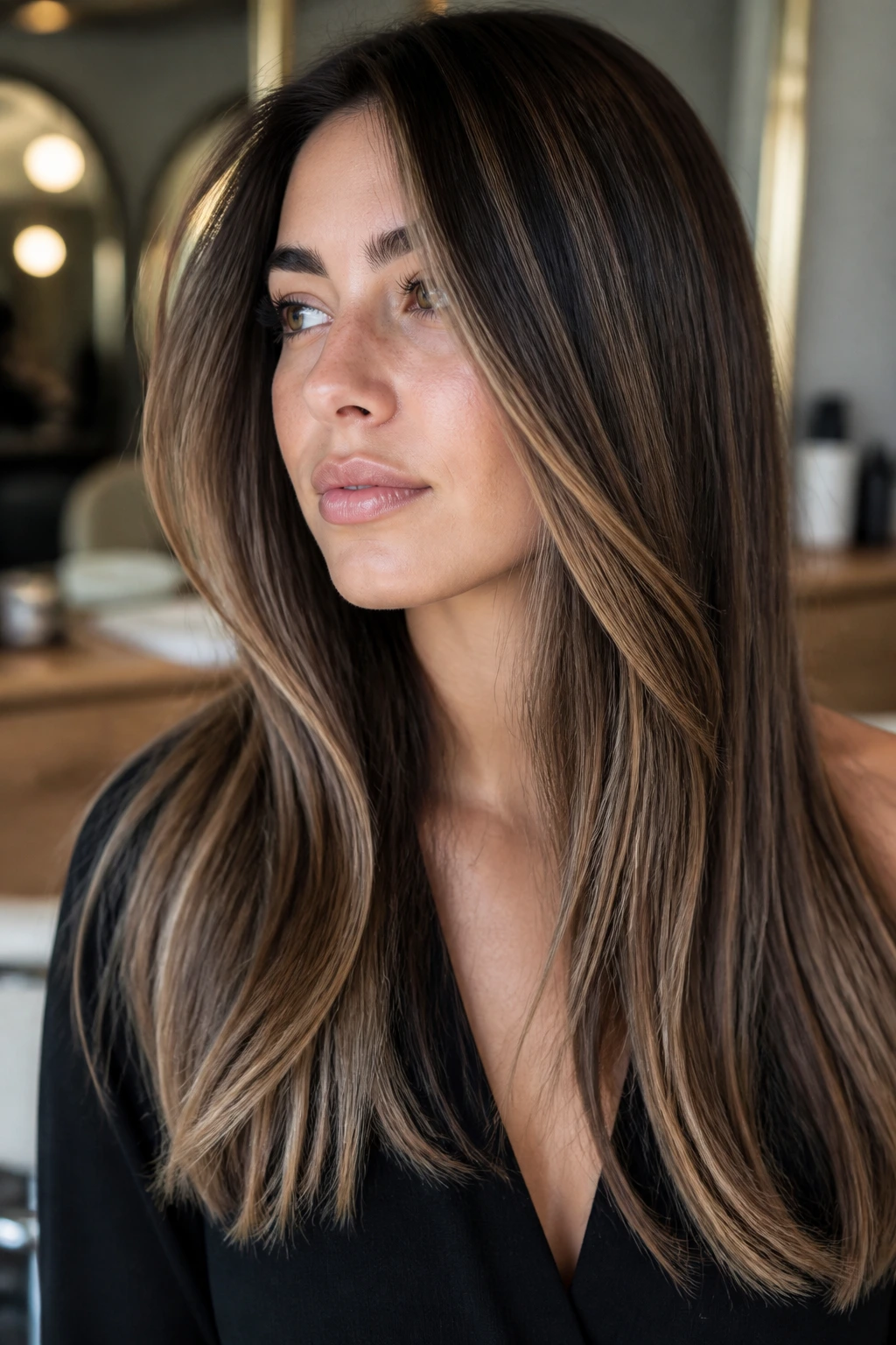 Close-up portrait of a woman showing brunette base with beige balayage