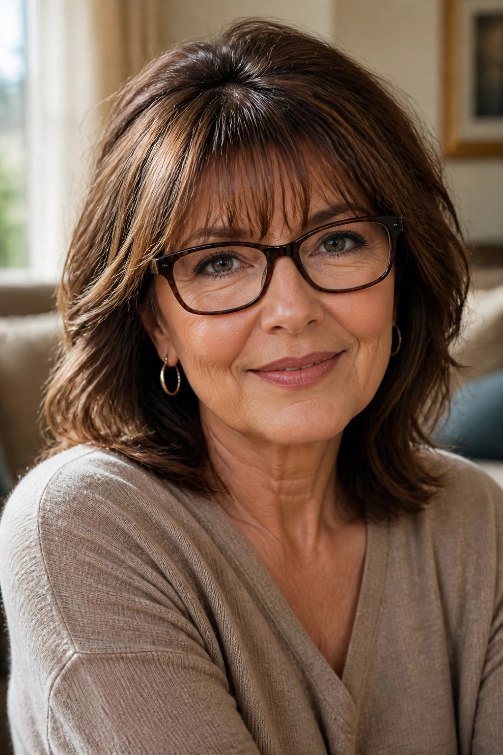 Close-up of an older brunette woman with bangs, glasses, and earrings in a cozy living room.
