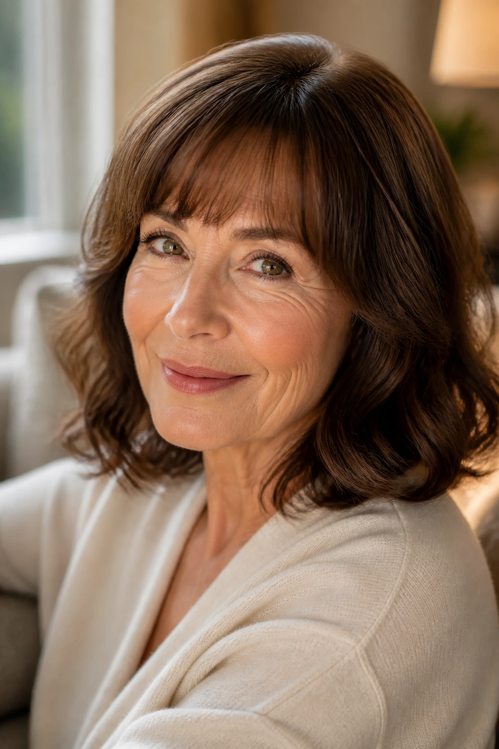Close-up of older brunette woman with bangs in a sunlit room.