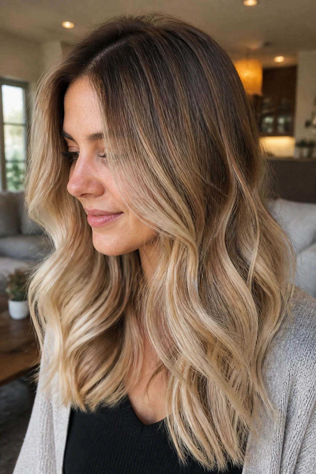 Close-up of a real woman with brunette-to-blonde champagne melt