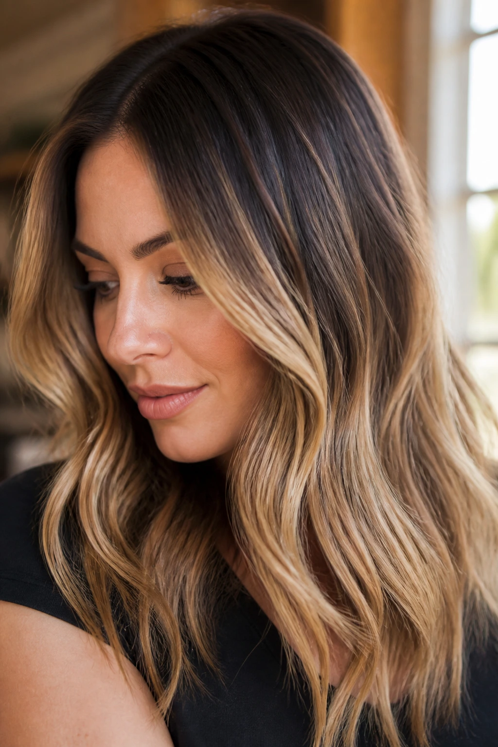 Portrait of a real person with brunette roots blending into blonde mid-lengths