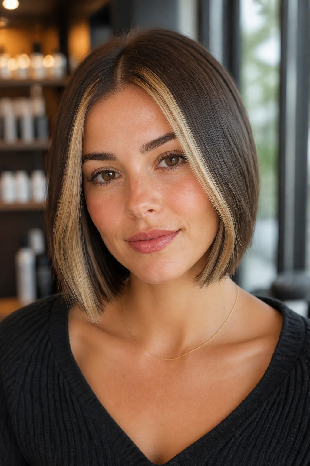 Close-up of brunette bob with deliberate blonde panels at the front for contrast.