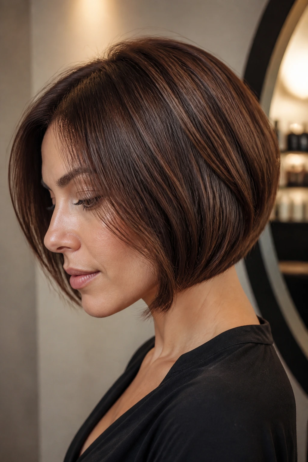 Profile portrait of a brunette bob showing fullness and weight distribution.
