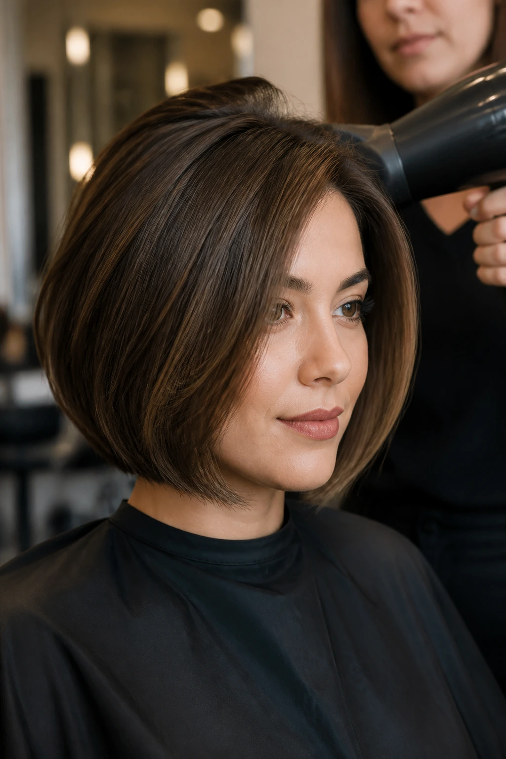 Portrait of a woman with a styled brunette bob in a salon with blurred background tools.