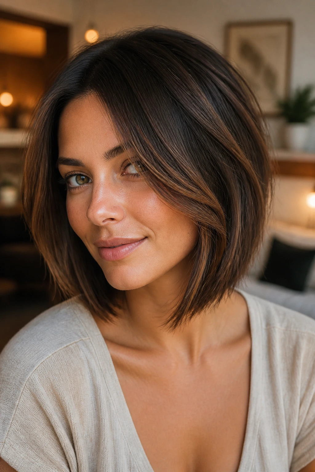 Portrait of brunette bob with soft grow-out and subtle layers.