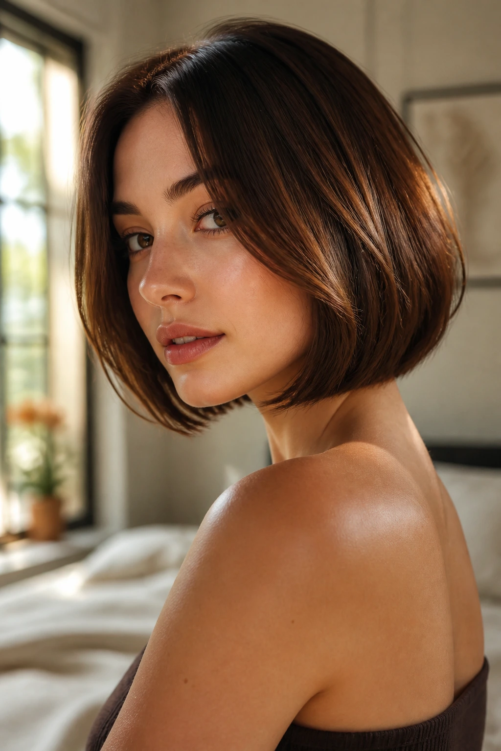Close-up of a real woman with a brunette bob, warm chestnut and caramel tones, glowing hair.