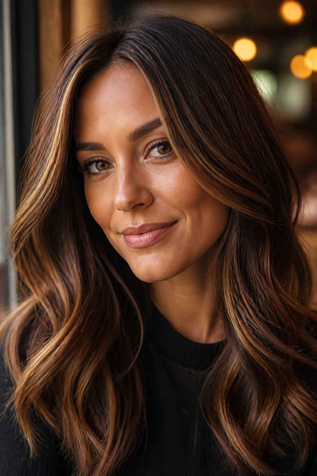 Close-up portrait of a real woman with brunette bronze babylights framing her face