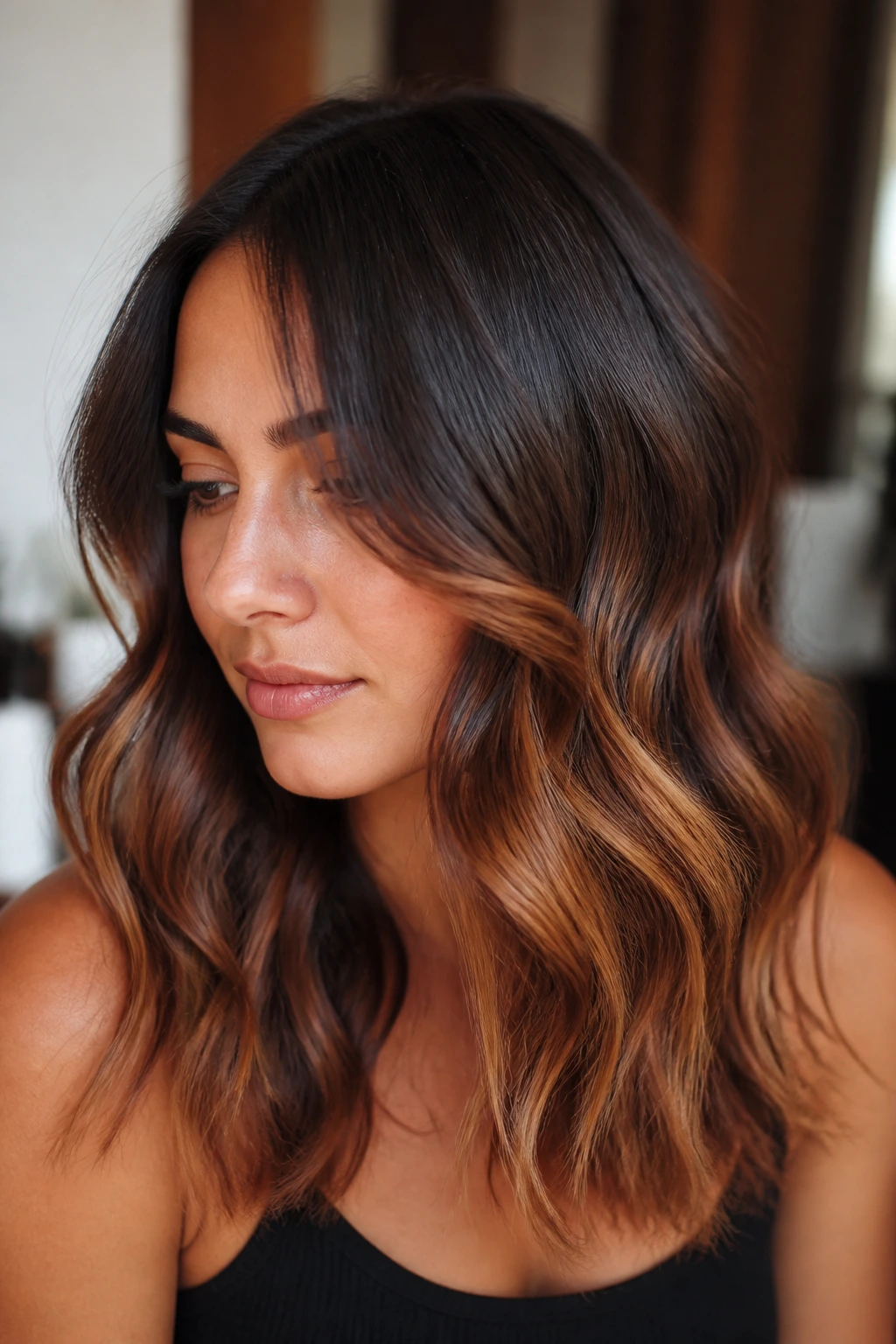 Close-up portrait of a real woman with brunette to bronze ombre on medium-length hair