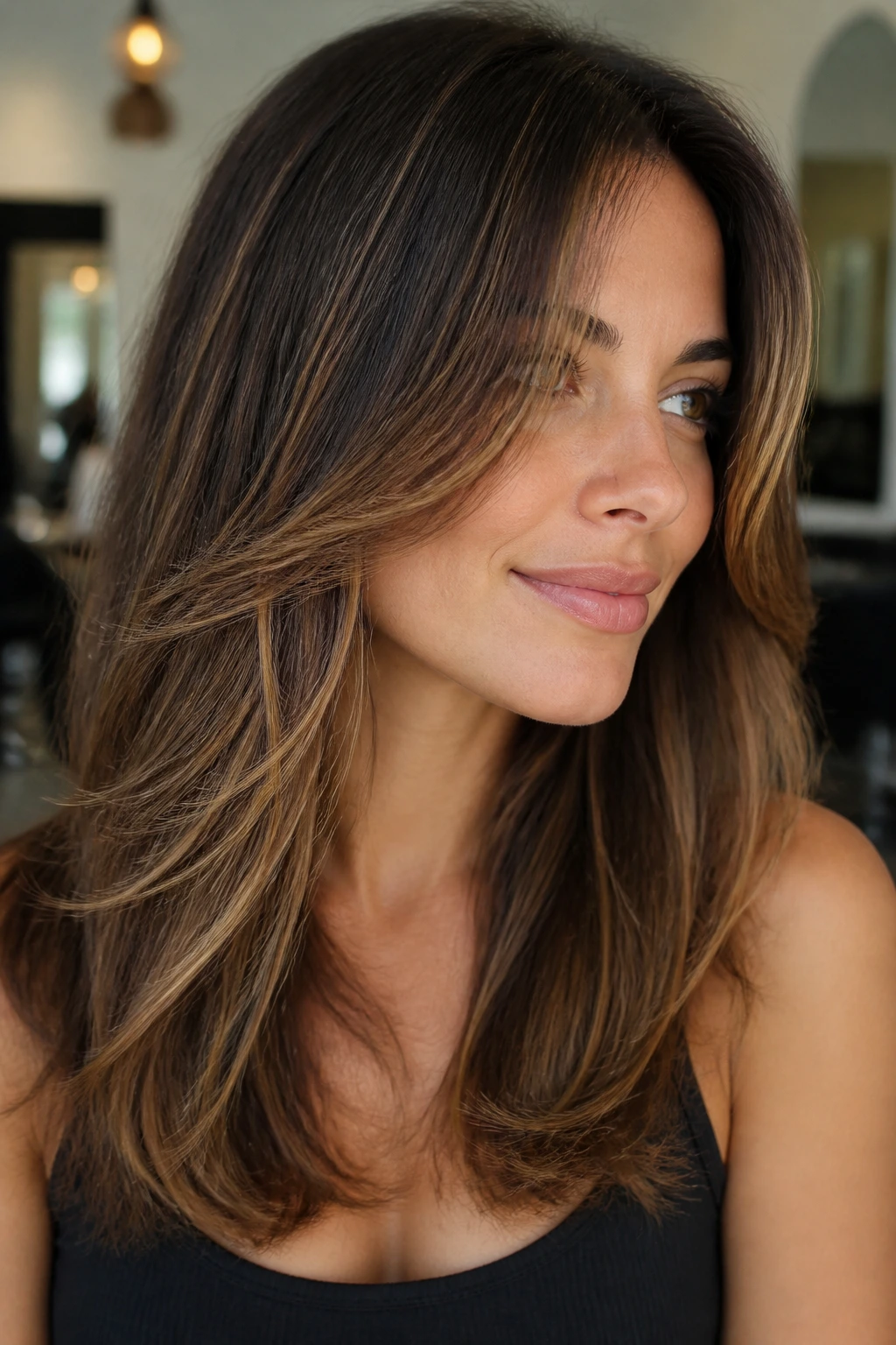 Close-up portrait showing brunette base with caramel highlights